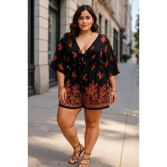 City Chic Pants - New City Chic XXL 24 Boho Border Print Romper Playsuit Kimono Sleeve Tie Waist